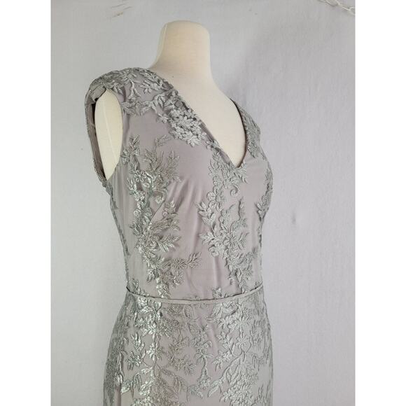 Lauren Ralph Lauren Evening Gown 12 Silver Gray Embroidered Mesh V-Neck Y2K NWT - Picture 5 of 16
